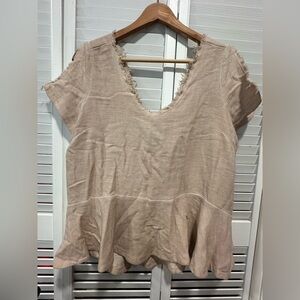 Women's Beige V-Neck Tie Back Short Sleeve Top Cotton Size L